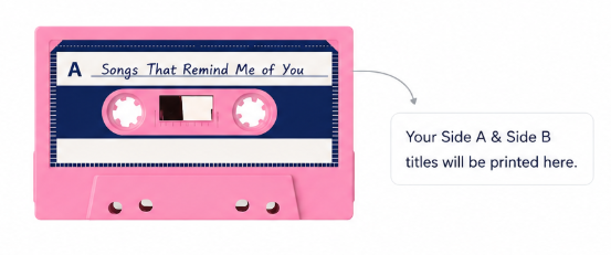 Pink cassette showing where Side A and Side B titles will be printed